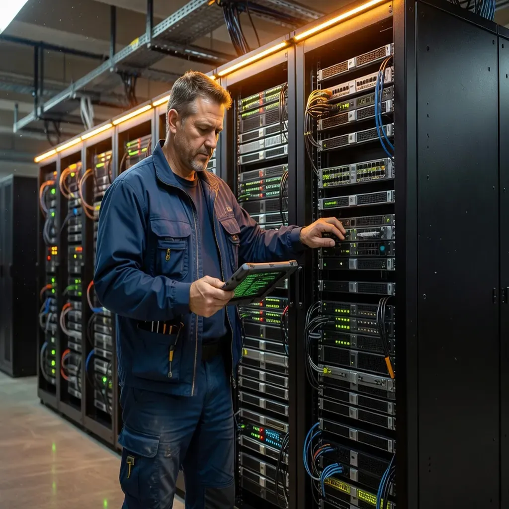 Technicien réseau Marc Delafont devant un rack de serveurs à Saint-Nazaire