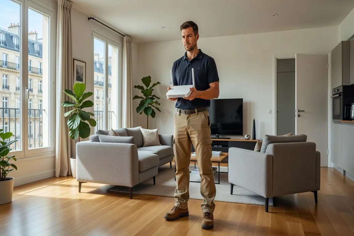 Technicien réseaux domestiques installant un système Wi-Fi mesh dans une maison à Pornic