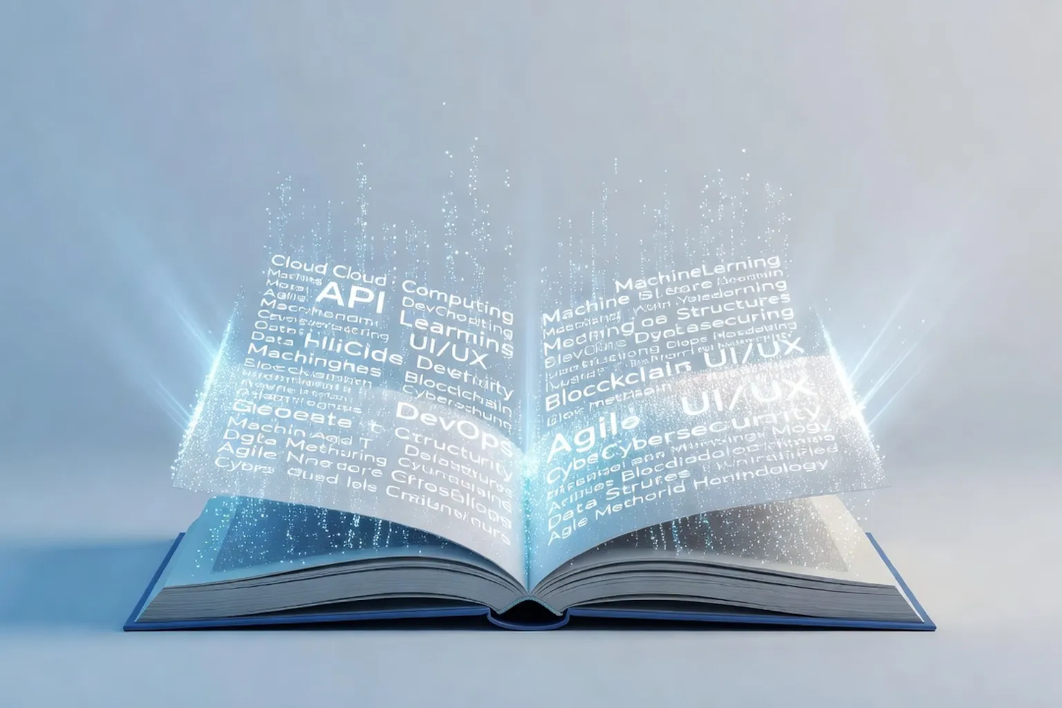 Livre ouvert dont les pages se transforment en écran lumineux avec termes informatiques