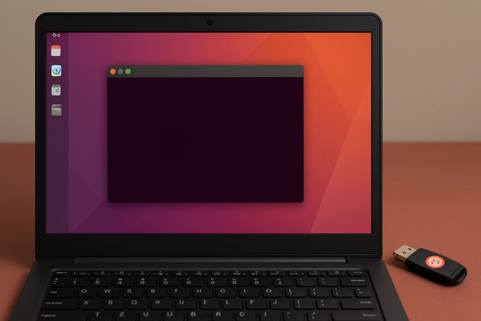 Écran d'ordinateur affichant le bureau Ubuntu avec une fenêtre de terminal et une clé USB d'installation posée à côté