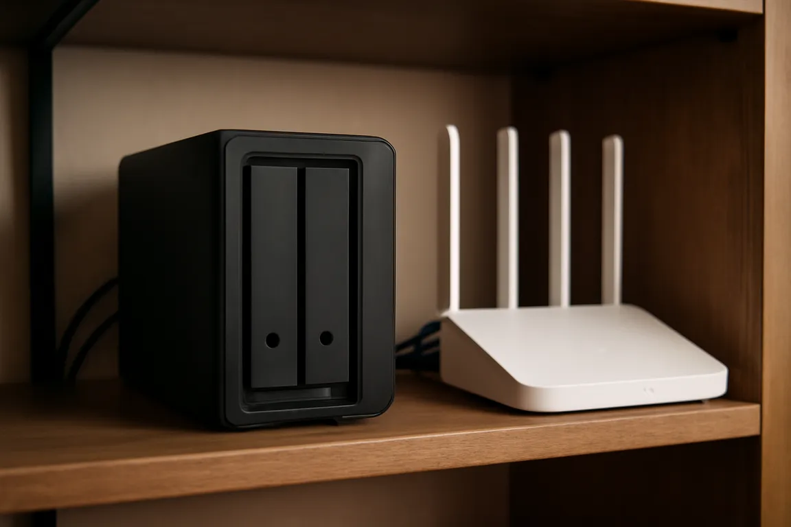 NAS domestique posé près d'une box Internet avec disques de stockage