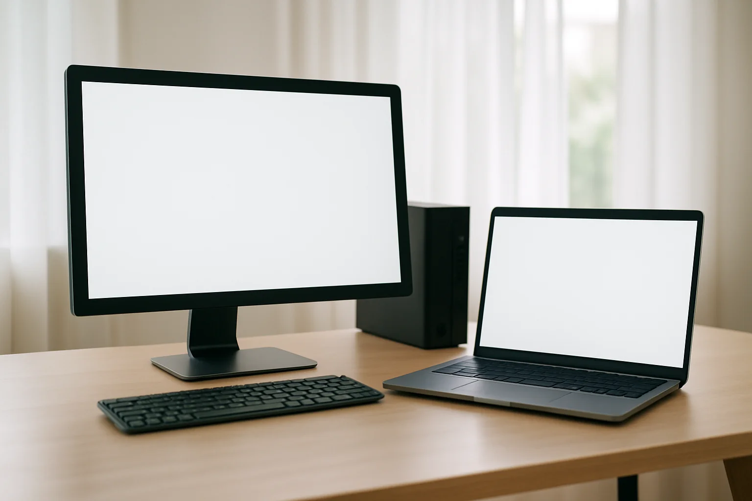 Ordinateur fixe et ordinateur portable posés côte à côte sur un bureau lumineux, ambiance choix et comparaison