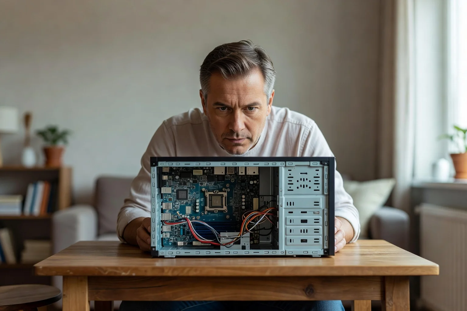 Adulte penché sur une tour d'ordinateur ouverte posée sur une table de travail, carte mère visible, ambiance diagnostic matériel à domicile