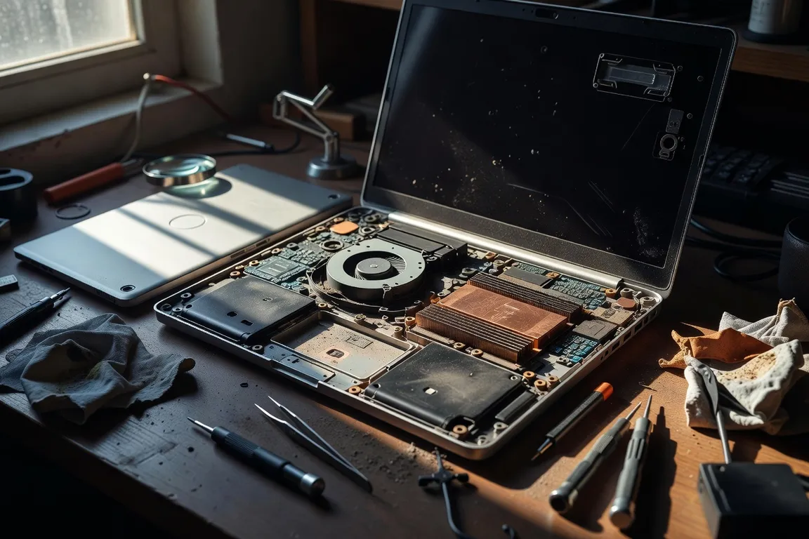 Intérieur d'un PC portable démonté montrant le processeur et le dissipateur thermique