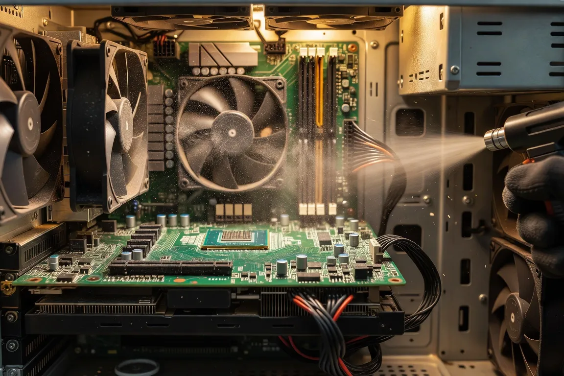 Intérieur d'un PC de bureau avec ventilateurs et radiateur de processeur couverts de poussière