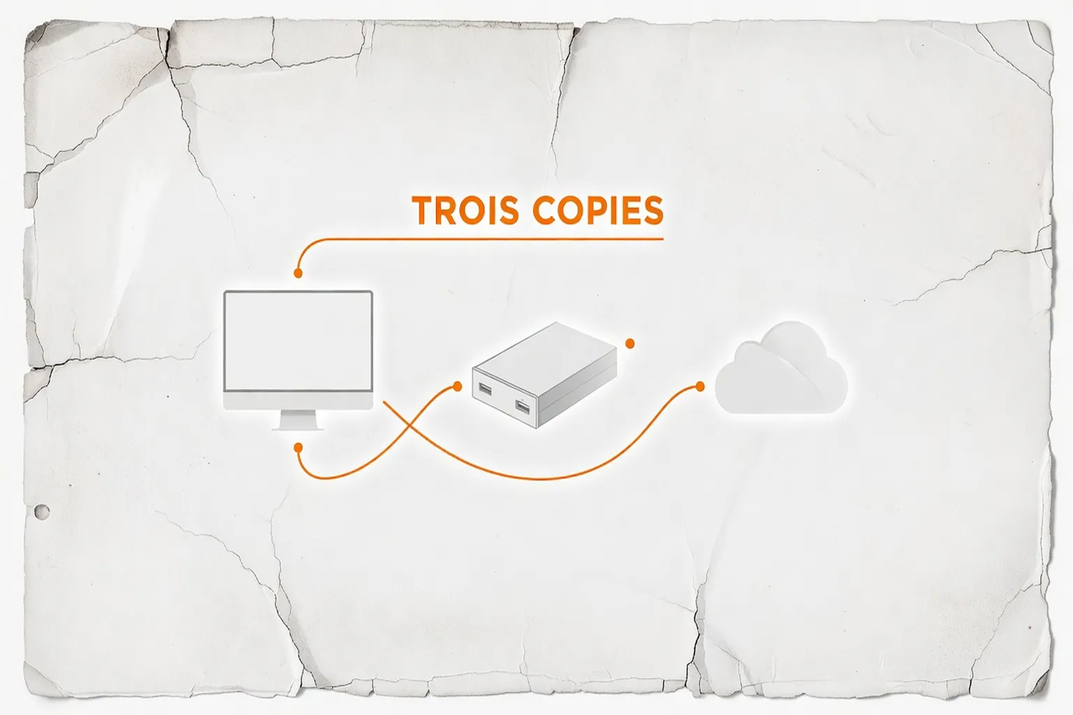 Infographie 3-2-1 : trois copies symbolisées par un ordinateur, un disque dur et un nuage cloud