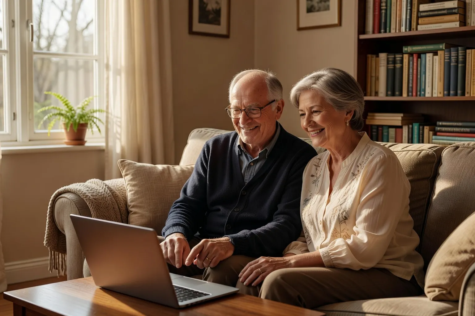 Senior utilisant un ordinateur portable avec des icônes de sécurité numérique
