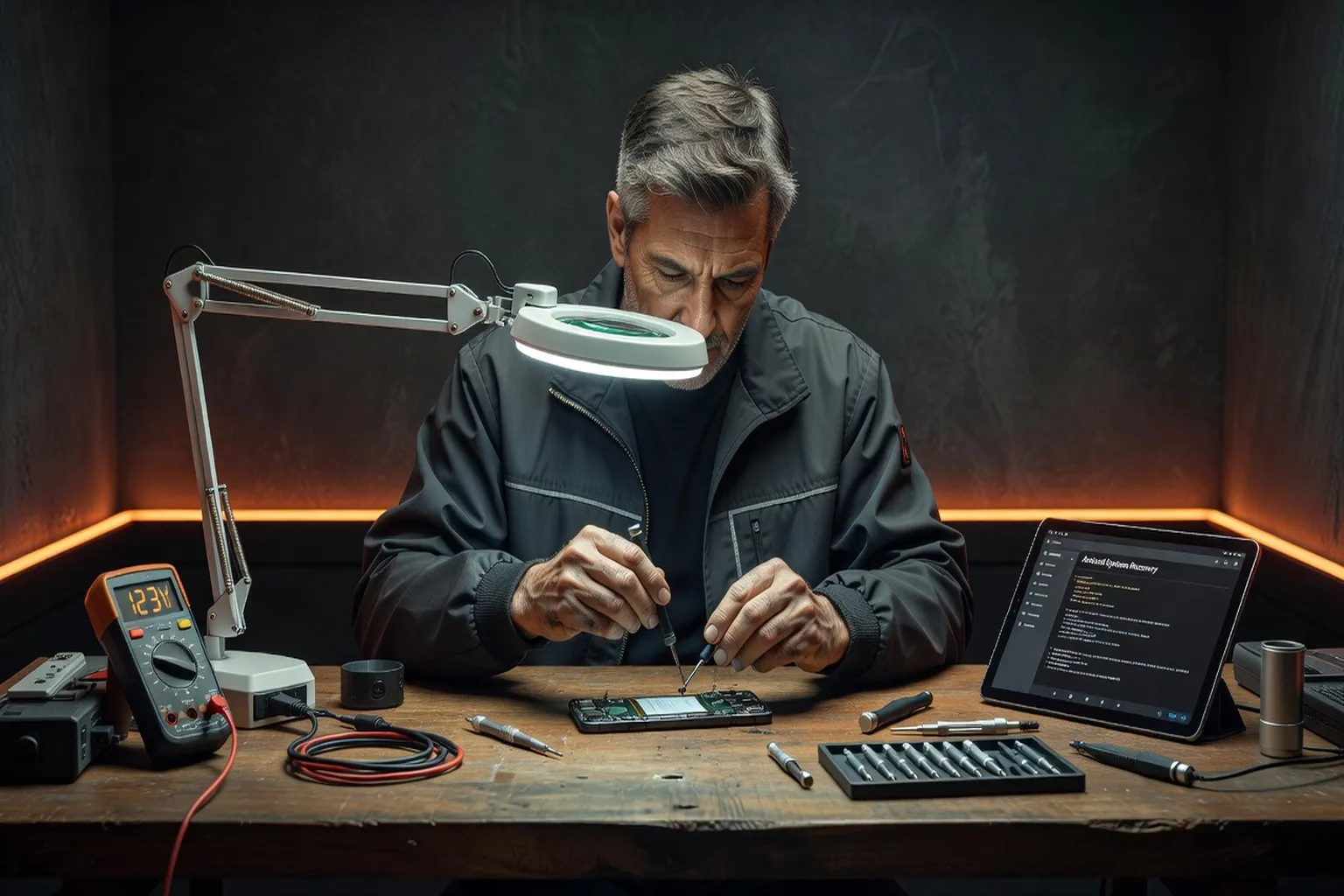 Technicien informatique qui répare un smartphone Android sur un établi