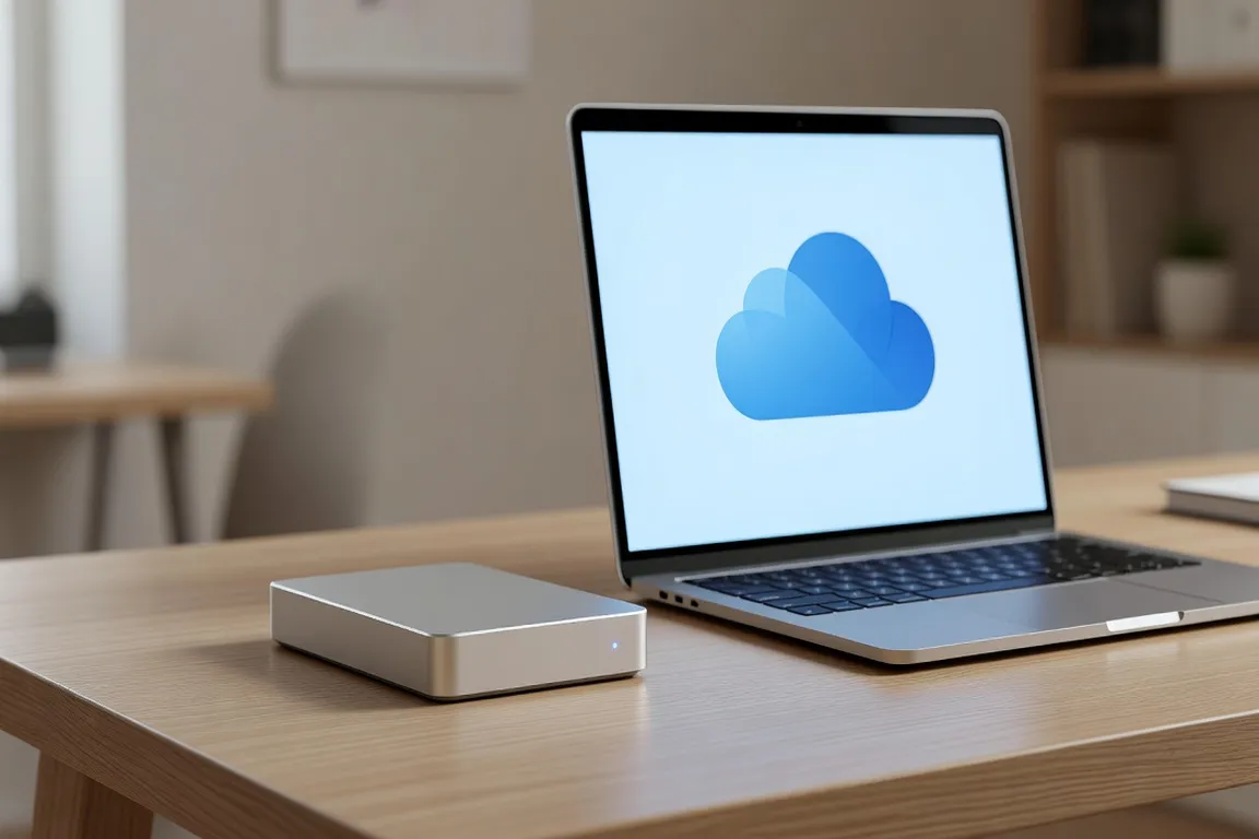 Disque dur externe posé à côté d'un ordinateur portable affichant une icône de cloud