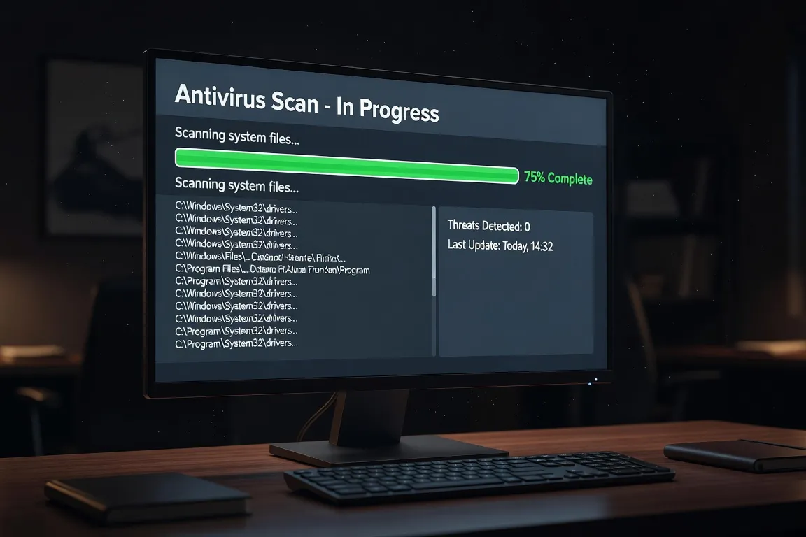 Écran d'ordinateur affichant une alerte de virus avec un antivirus en action